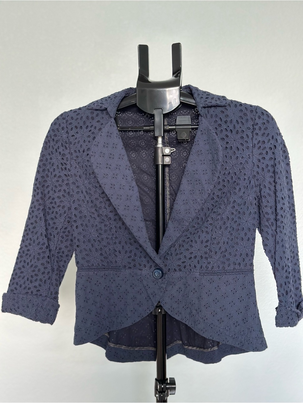 Navy Eyelet Single-Button Scalloped Hem Blazer